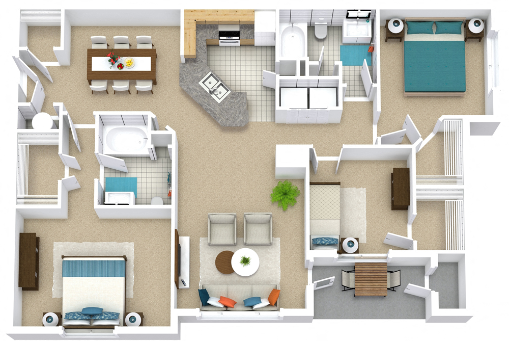 Floor plan for 3 beds, 2 baths, 1435 sqft